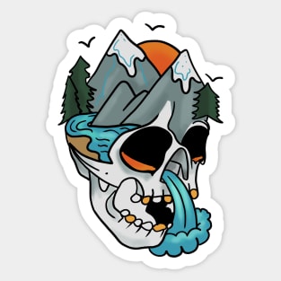 Tattoo Art Skull With Lake, Waterfall, Sunset and Mountains Sticker